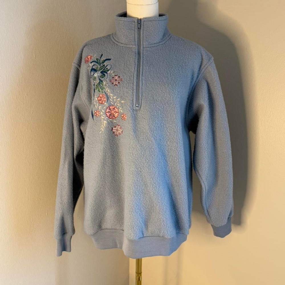 Alfred Dunner Vintage Baby Blue Floral Embroidered 1/4 Zip Fleece Sweater PM